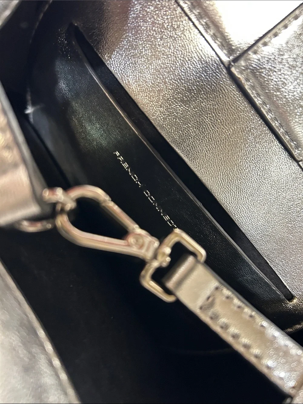 French Connection Silver Metallic Leather Crossbody Bucket Bag